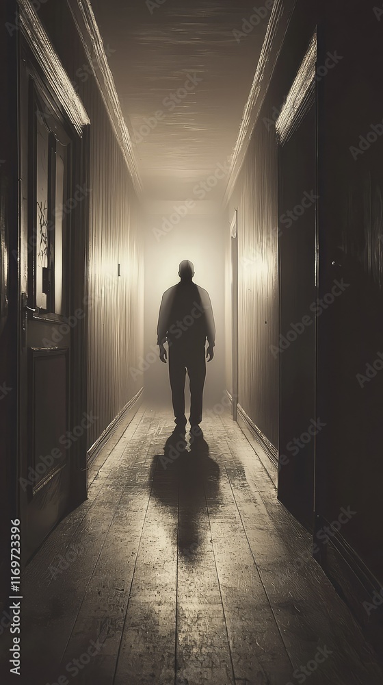 Fototapeta premium Mysterious Figure Walking Down Dimly Lit Haunted Hallway