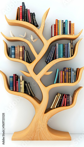Tree of knowledge bookshelf in a sleek 3D cartoon style, filled with books on a white background