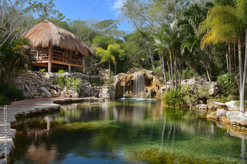 Bungalow au bord d'un lac turquoise dans la jungle Bungalow au bord d'un lac turquoise dans la jungle
