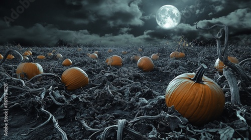 Spooky Halloween pumpkin patch under a full moon at night.