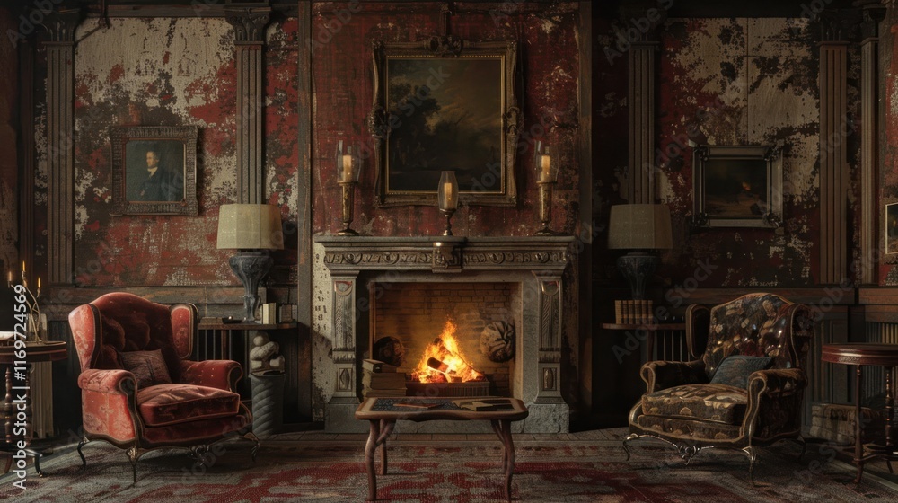 Classic interior with luxury fireplace, AI generated image Classic interior with luxury fireplace, AI generated image