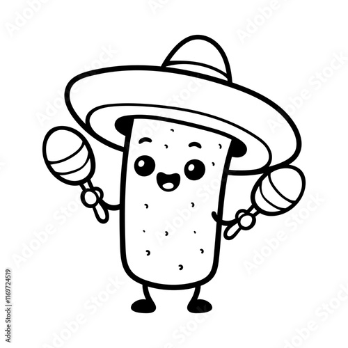 fun burrito wear sombrero and hold maracas cartoon isolated drawing line art style sketch classic vintage design illustration