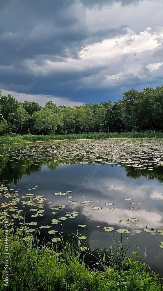 Serene Pond Surrounded by Lush Greenery and Dark Stormy Skies Serene Pond Surrounded by Lush Greenery and Dark Stormy Skies