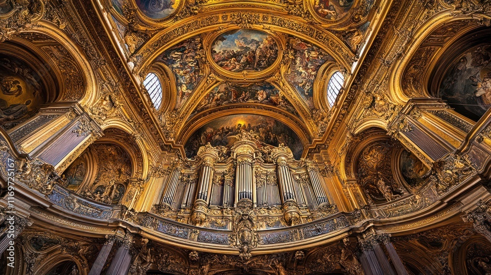 Fototapeta premium Ornate church pipe organ, gilded ceiling, France, religious architecture.