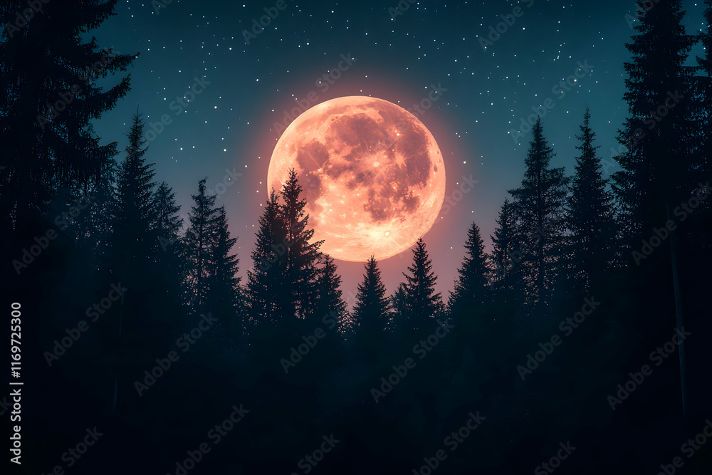 Fototapeta premium Blood moon rising over a dark forest at night.