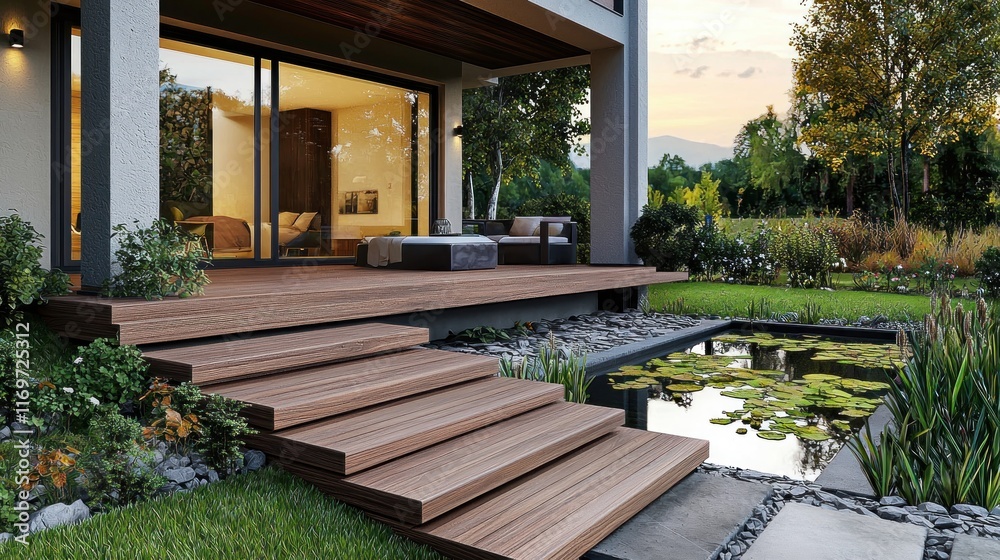 Modern outdoor deck with steps leading to a tranquil pond. Modern outdoor deck with steps leading to a tranquil pond.