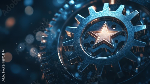 A cogwheel featuring a star sign, representing the integration of customer experience and satisfaction surveys. photo