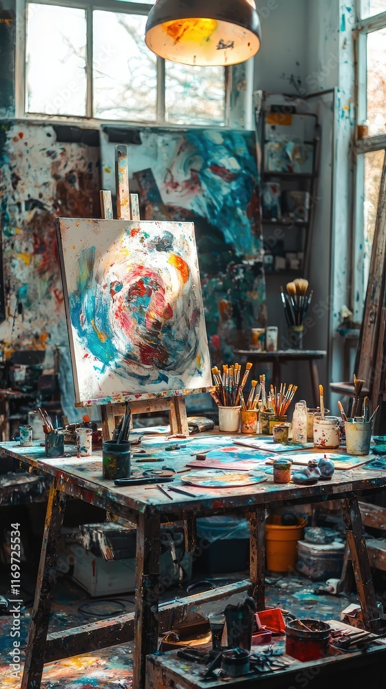Fototapeta premium Vibrant Art Studio with Paints and Colorful Abstract Canvas