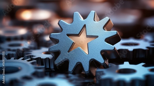 A cogwheel featuring a star sign, representing the integration of customer experience and satisfaction surveys. photo