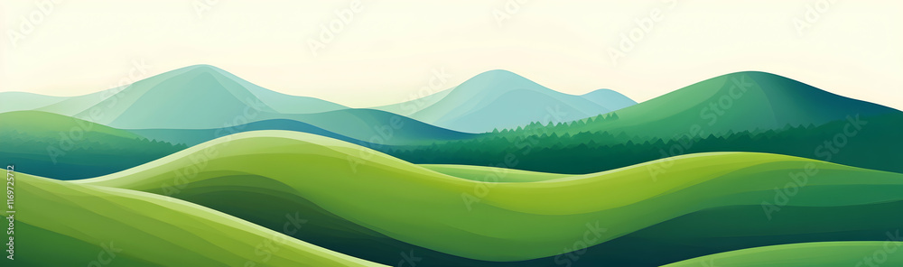 Fototapeta premium Verdant abstract landscape illustration featuring rolling green hills and majestic mountains