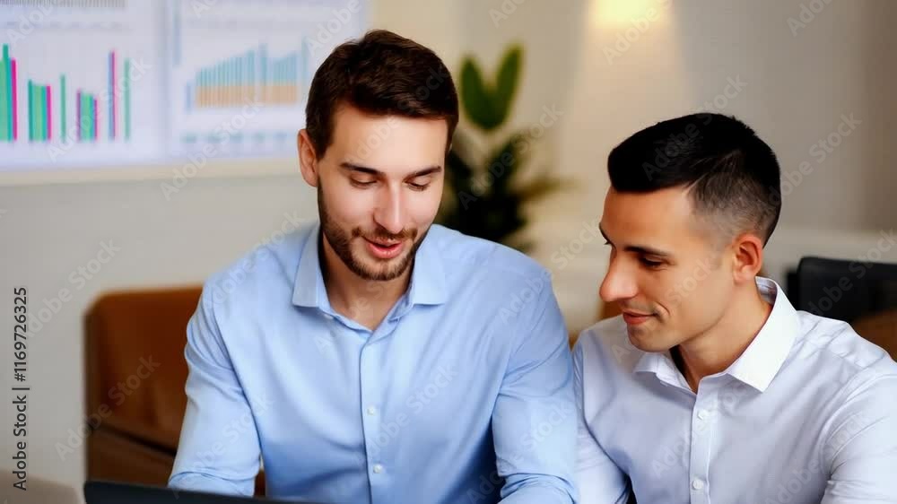 Two Young Professionals Collaborate on Data Analysis in a Modern Office Setting While Discussing Strategies for Growth Two Young Professionals Collaborate on Data Analysis in a Modern Office Setting While Discussing Strategies for Growth