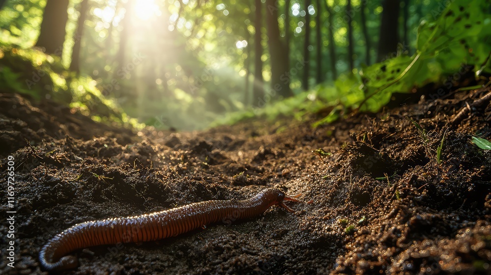 Close-Up of Millipede on Soil Path in Forest with Sunlight Close-Up of Millipede on Soil Path in Forest with Sunlight