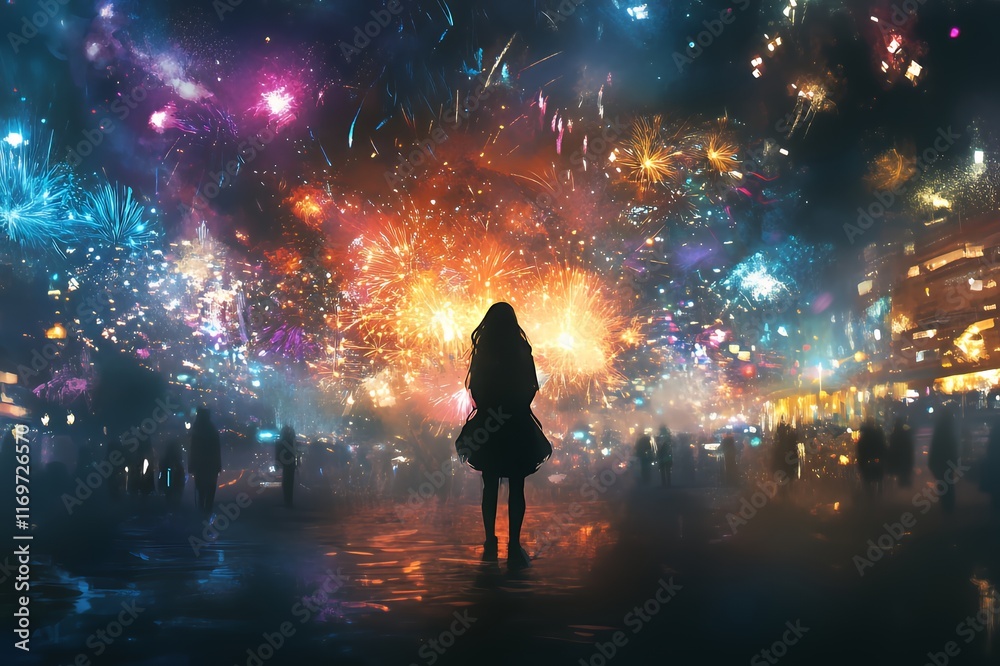 A Solitary Figure Watches Fireworks Display In City A Solitary Figure Watches Fireworks Display In City