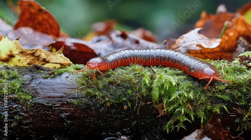 Colorful Millipede Crawling on Wet Log Surrounded by Leaves
