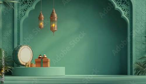 3D rendering of a background. I want to create an advertising background for the Muslim holiday Ramadan Kareem with a green color. There is a Ramadan drum and lantern hanging on a mosque wall photo