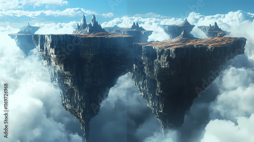 Low angle view of majestic floating mountains in the unseen realm with skyward bound feel. Rimebound. Illustration photo