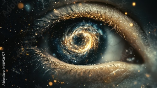 A cosmic eye filled with swirling galaxies and stardust represents a vision of spiritual and universal energy. photo