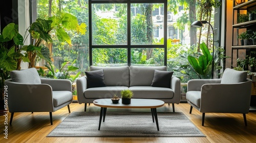 A cozy home living room interior featuring a comfortable sofa and armchairs, complemented by a shelf and a panoramic window that floods the space with natural light. photo