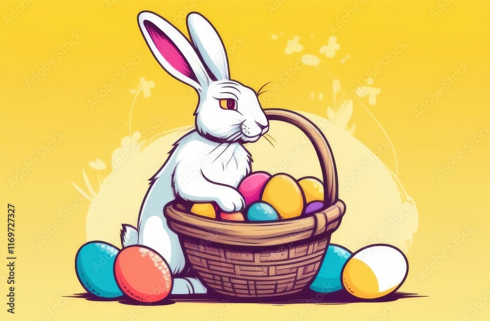 White rabbit in a basket with colored eggs on a yellow background for Easter White rabbit in a basket with colored eggs on a yellow background for Easter