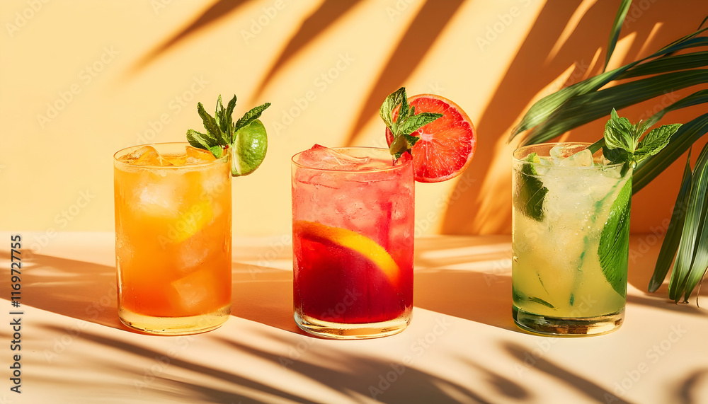 Fototapeta premium Vibrant tropical summer cocktails, colorful drinks on a sunny beach
