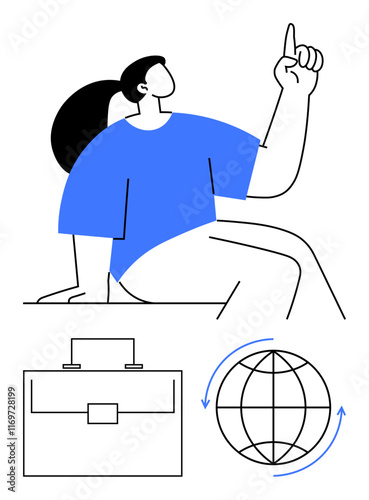 Wallpaper Mural Confident woman gesturing upward beside a briefcase and globe with arrows. Ideal for business, global teamwork, leadership, career growth, innovation, decision-making, abstract line flat metaphor Torontodigital.ca