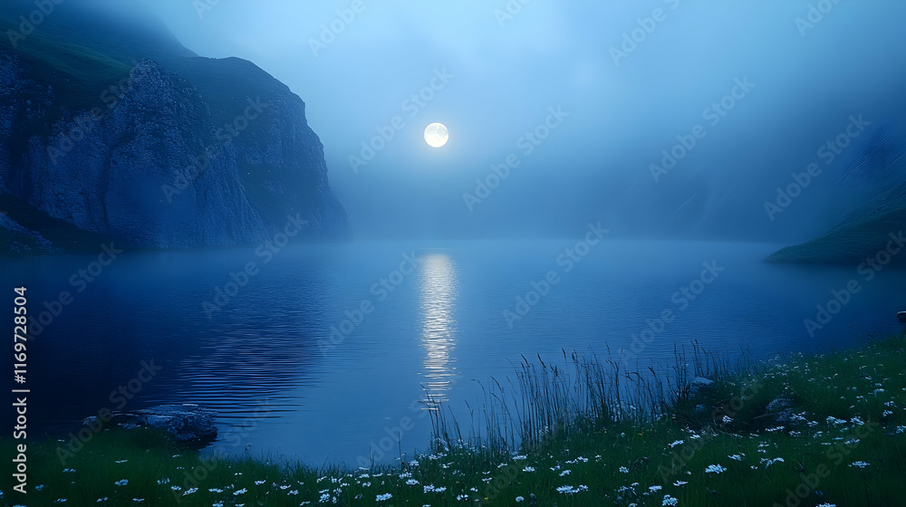Fototapeta premium Misty moonlit lake nestled in mountains.