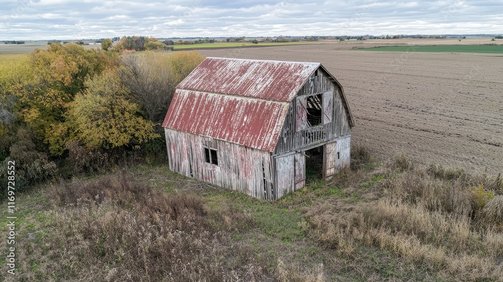 Obraz premium Rustic Abandoned Barn Surrounded by Autumn Fields and Forests