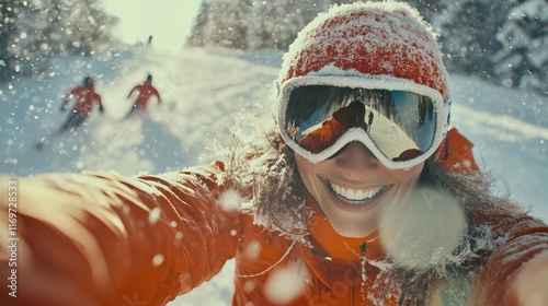 A radiant European woman enjoys snowboarding down a snowy mountain in the Alps, her smile and laughter reflecting her joy. This heartening winter adventure showcases her passion for outdoor photo