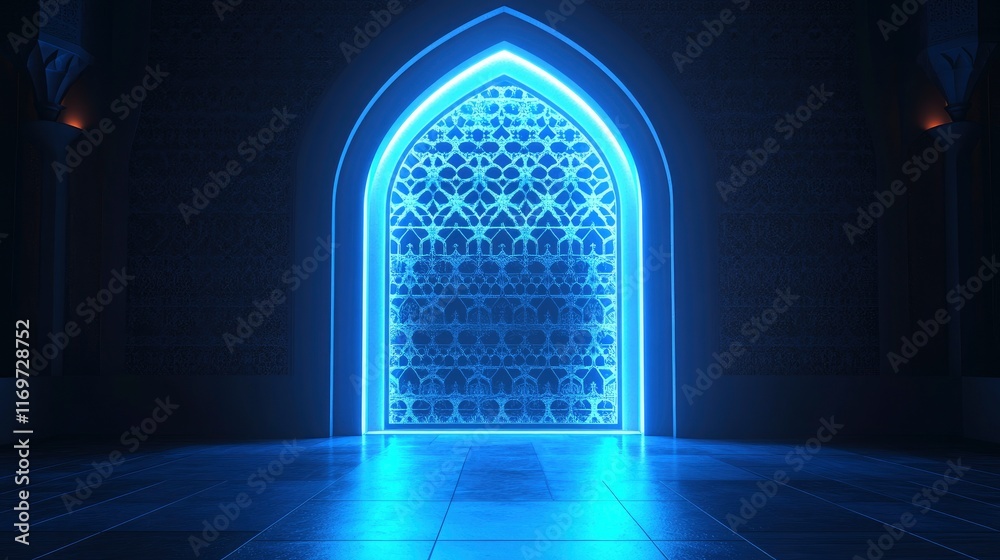 3D rendering of a light blue mosque window with Arabic geometric patterns on a dark background, a Ramadan Islamic celebration greeting card banner template mockup. Studio lighting. 3D rendering of a light blue mosque window with Arabic geometric patterns on a dark background, a Ramadan Islamic celebration greeting card banner template mockup. Studio lighting.
