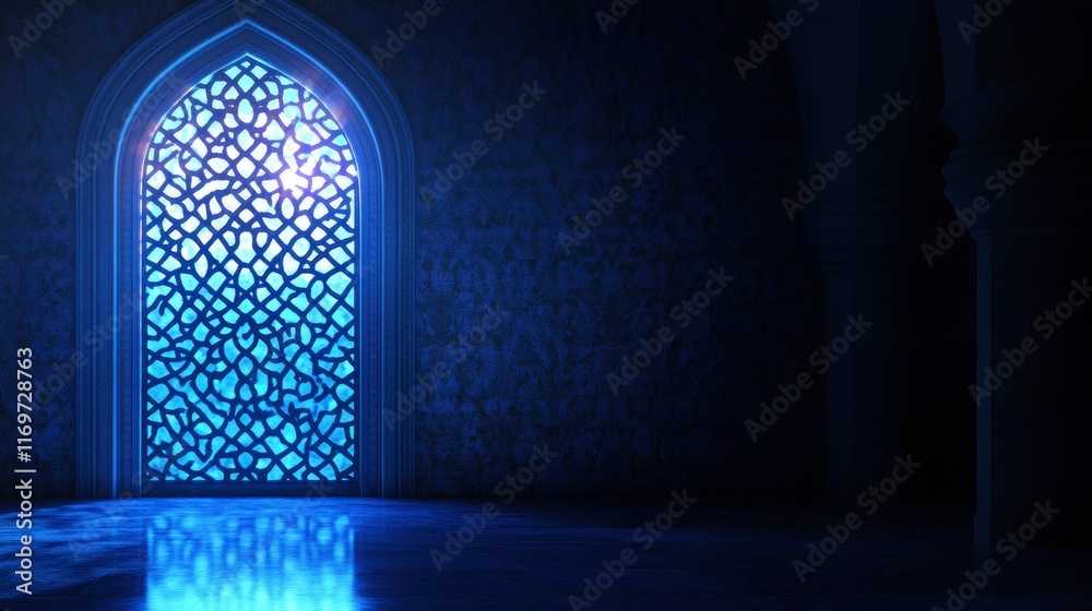 3D rendering of a light blue mosque window with Arabic geometric patterns on a dark background, a Ramadan Islamic celebration greeting card banner template mockup. Studio lighting. 3D rendering of a light blue mosque window with Arabic geometric patterns on a dark background, a Ramadan Islamic celebration greeting card banner template mockup. Studio lighting.