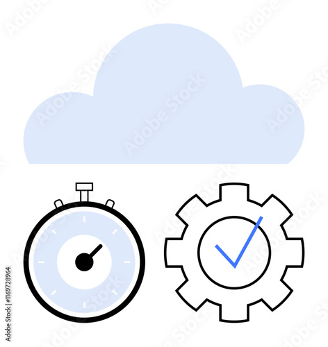 Stopwatch and gear with check mark under a blue cloud. Ideal for cloud services, efficiency, optimization, time management, productivity, data storage, and technology. Line metaphor