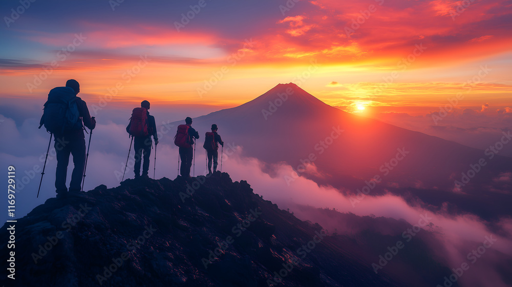silhouette of ten hikers standing on the edge of an outdoor mountain silhouette of ten hikers standing on the edge of an outdoor mountain