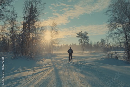 Cross-country skiing amidst the Scandinavian winter landscape as darkness falls