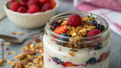 A macro shot of a glass jar filled with probioticrich yogurt topped with a sprinkle of colorful granola and a of juicy berries. The creamy thick texture of the yogurt photo