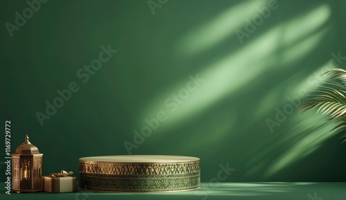 3D rendering of a podium with Ramadan Kareem theme decoration, including a drum, lantern, and gift box on a green background for a product presentation template. isolated on a solid color background. photo