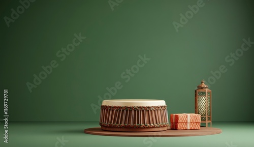 3D rendering of a podium with Ramadan Kareem theme decoration, including a drum, lantern, and gift box on a green background for a product presentation template. isolated on a solid color background. photo