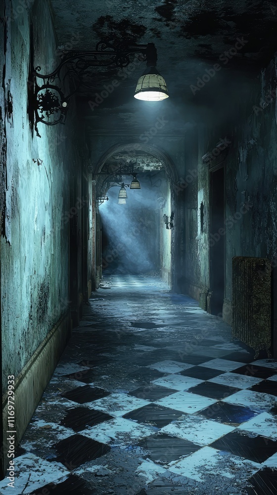 Mysterious Abandoned Hallway with Dim Lighting and Shadows Mysterious Abandoned Hallway with Dim Lighting and Shadows