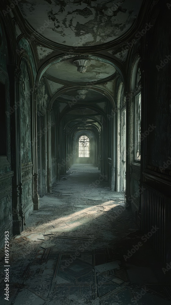 Fototapeta premium Abandoned Gothic Corridor with Light Streaming Through Windows