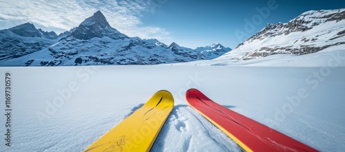 In South Tirol, Solda, Italy, embrace the winter season by skiing on snowy mountains equipped with your backcountry gear, all while enjoying the bright sun. photo