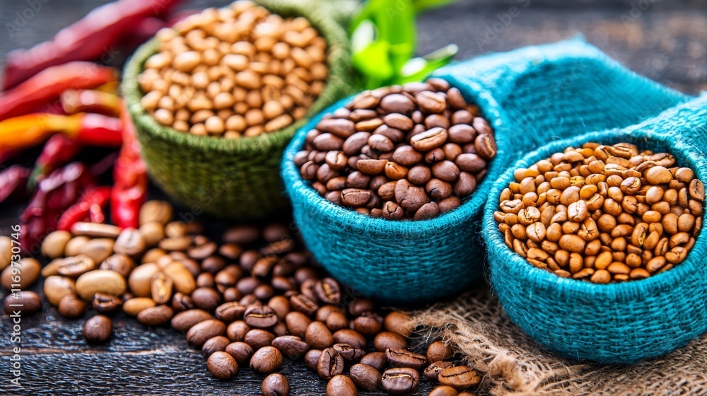 Vibrant Coffee Beans in Colorful Bowls Set Against Rustic Wooden Background with Spices Vibrant Coffee Beans in Colorful Bowls Set Against Rustic Wooden Background with Spices