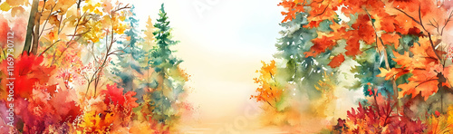 Watercolor autumn forest banner with vibrant foliage on a plain background