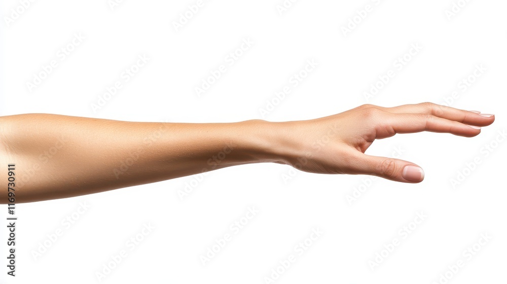 A female hand and arm gesture, isolated on a white background.