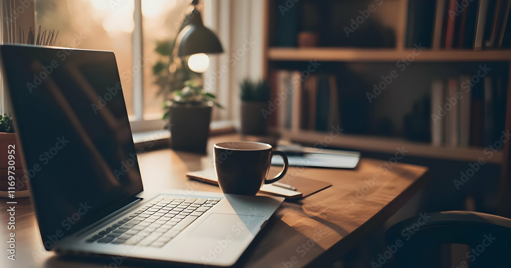 Work From Home - A cozy workspace featuring a laptop, coffee cup, and plants by a window. Work From Home - A cozy workspace featuring a laptop, coffee cup, and plants by a window.