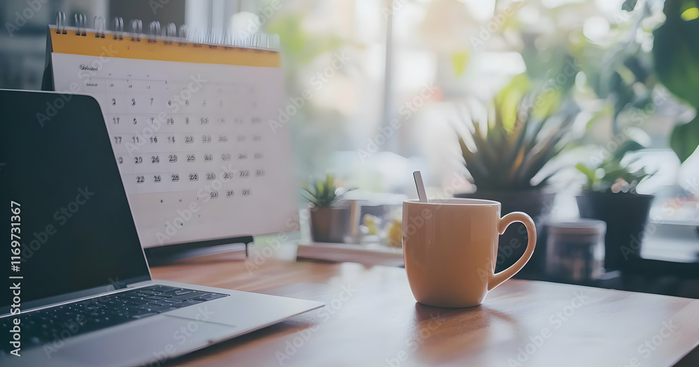 Work From Home - A cozy workspace featuring a laptop, calendar, and a cup of coffee amidst plants. Work From Home - A cozy workspace featuring a laptop, calendar, and a cup of coffee amidst plants.