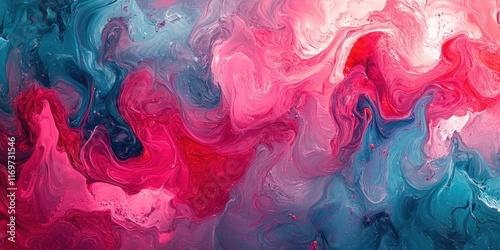 Background vibrant blend of swirling pink, red, and blue hues in an abstract fluid art composition, perfect for dynamic backfrop and creative backgrounds photo