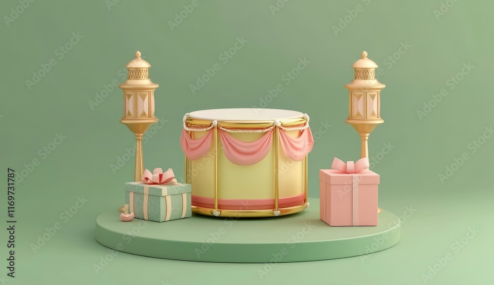 3D rendering of Ramadan Kareem with drum, lantern, and gift box on a podium platform, isolated on a green background for Islamic design element, decoration, banner template, and poster concept. social 3D rendering of Ramadan Kareem with drum, lantern, and gift box on a podium platform, isolated on a green background for Islamic design element, decoration, banner template, and poster concept. social
