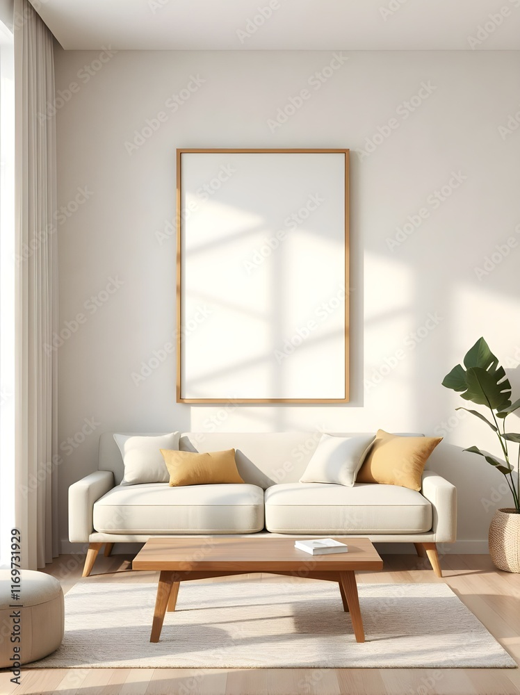 Fototapeta premium minimalist living room with frame mockup on beige wall, modern sofa and wooden coffee table, soft natural light, clean lines and neutral tones, 3d render