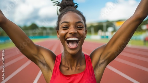 A female track and field athlete exuberantly celebrating her victory after winning a sprint race at a sports event. photo