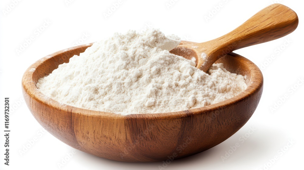 A flour-coated spoon rests within a wooden bowl filled with rice or wheat flour, set against a transparent or white background. A flour-coated spoon rests within a wooden bowl filled with rice or wheat flour, set against a transparent or white background.