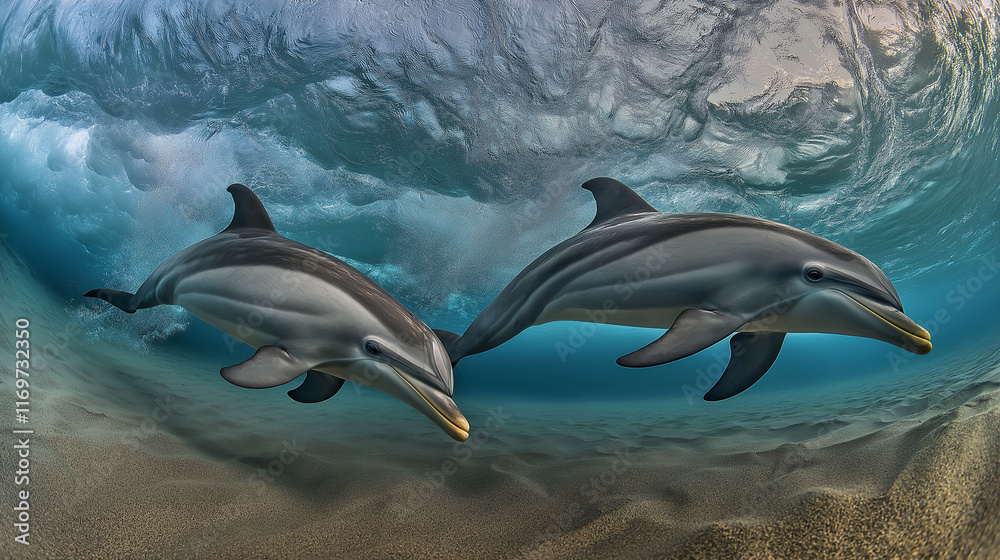 Fototapeta premium Playful dolphins swimming gracefully underwater near the ocean floor.